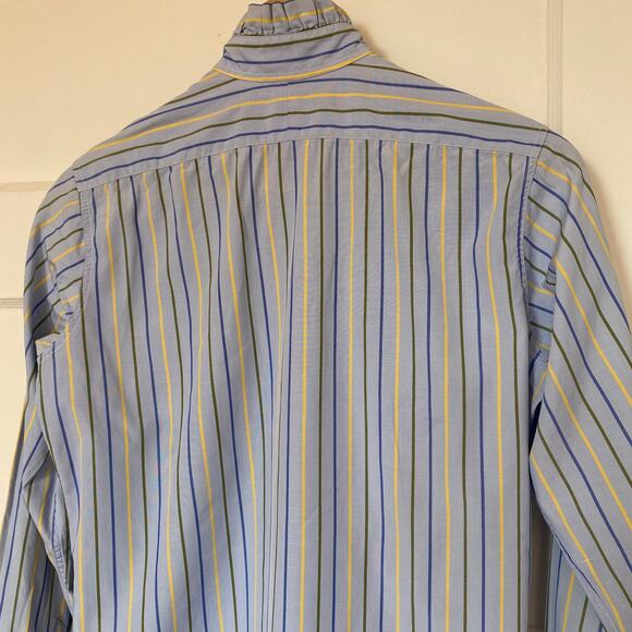 Vintage London Blue Striped Button-up Frilly Blouse Long Sleeve Hilditch & Key - Picture 9 of 9
